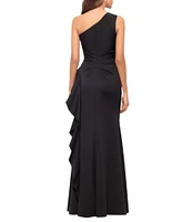 Xscape Petite Size One Shoulder Side Ruffle Scuba Crepe Gown