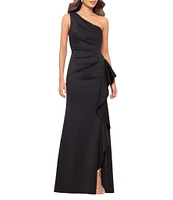 Xscape Petite Size One Shoulder Side Ruffle Scuba Crepe Gown