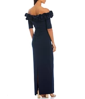 Xscape Petite Size Ruffled Off-the-Shoulder Short Sleeve Crepe Sheath Gown