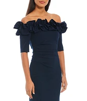 Xscape Petite Size Ruffled Off-the-Shoulder Short Sleeve Crepe Sheath Gown