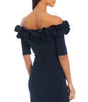 Xscape Petite Size Ruffled Off-the-Shoulder Short Sleeve Crepe Sheath Gown