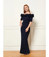 Xscape Petite Size Ruffled Off-the-Shoulder Short Sleeve Crepe Sheath Gown