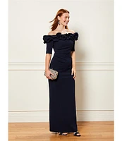 Xscape Petite Size Ruffled Off-the-Shoulder Short Sleeve Crepe Sheath Gown