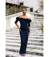 Xscape Petite Size Ruffled Off-the-Shoulder Short Sleeve Crepe Sheath Gown