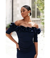 Xscape Petite Size Ruffled Off-the-Shoulder Short Sleeve Crepe Sheath Gown