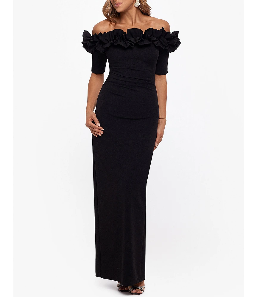 Xscape Petite Size Ruffled Off-the-Shoulder Short Sleeve Crepe Sheath Gown