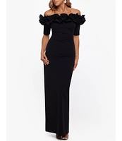 Xscape Petite Size Ruffled Off-the-Shoulder Short Sleeve Crepe Sheath Gown