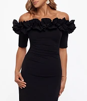 Xscape Petite Size Ruffled Off-the-Shoulder Short Sleeve Crepe Sheath Gown