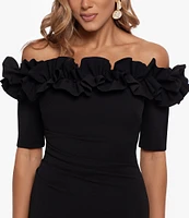 Xscape Petite Size Ruffled Off-the-Shoulder Short Sleeve Crepe Sheath Gown