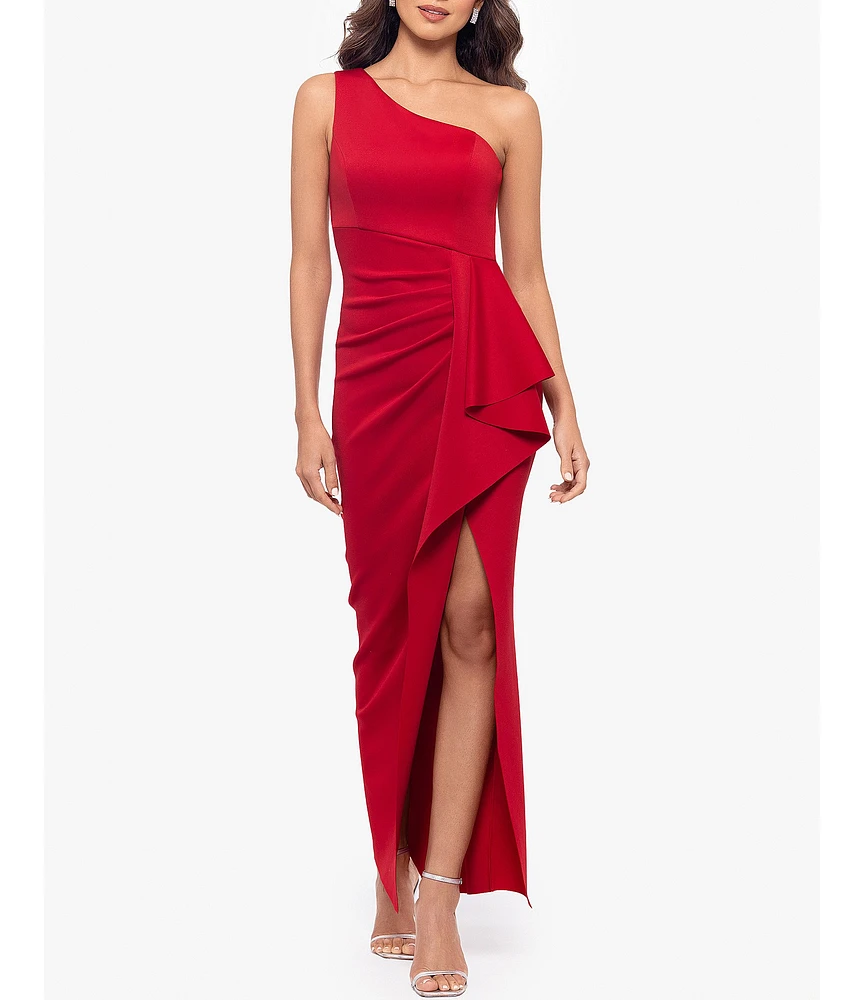 Xscape Petite Size Scuba One Shoulder Sleeveless Ruched Long Gown