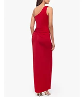 Xscape Petite Size Scuba One Shoulder Sleeveless Ruched Long Gown