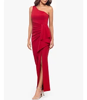 Xscape Petite Size Scuba One Shoulder Sleeveless Ruched Long Gown