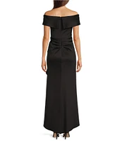 Xscape Petite Size Short Sleeve Off-The-Shoulder Sweetheart Neck Cascade Ruffle Scuba Gown