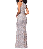 Xscape Petite Size Sleeveless Halter Soutache Lace Gown