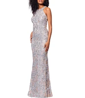 Xscape Petite Size Sleeveless Halter Soutache Lace Gown