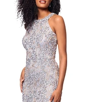 Xscape Petite Size Sleeveless Halter Soutache Lace Gown
