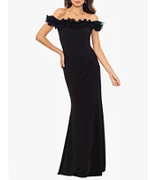 Xscape Petite Size Sleeveless Off-the-Shoulder Ruffle Neck Mermaid Dress