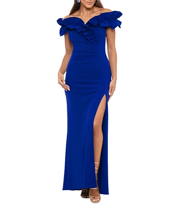 Xscape Petite Size Sleeveless Off-The-Shoulder Sweetheart Neck Ruffled Scuba Crepe Gown