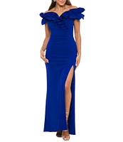 Xscape Petite Size Sleeveless Off-The-Shoulder Sweetheart Neck Ruffled Scuba Crepe Gown