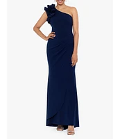 Xscape Petite Size Sleeveless Ruffled One Shoulder Scuba Crepe Sheath Gown