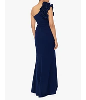 Xscape Petite Size Sleeveless Ruffled One Shoulder Scuba Crepe Sheath Gown