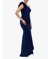 Xscape Petite Size Sleeveless Ruffled One Shoulder Scuba Crepe Sheath Gown