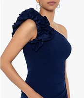 Xscape Petite Size Sleeveless Ruffled One Shoulder Scuba Crepe Sheath Gown