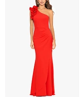 Xscape Petite Size Sleeveless Ruffled One Shoulder Scuba Crepe Sheath Gown