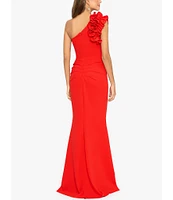 Xscape Petite Size Sleeveless Ruffled One Shoulder Scuba Crepe Sheath Gown