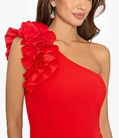 Xscape Petite Size Sleeveless Ruffled One Shoulder Scuba Crepe Sheath Gown