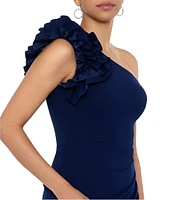 Xscape Petite Size Sleeveless Ruffled One Shoulder Scuba Crepe Sheath Gown