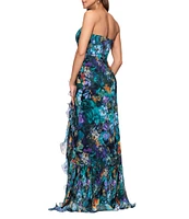 Xscape Petite Size Strapless Floral Print Ruffle Maxi Gown