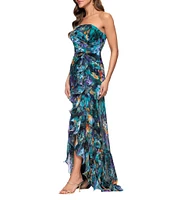 Xscape Petite Size Strapless Floral Print Ruffle Maxi Gown