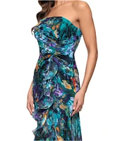 Xscape Petite Size Strapless Floral Print Ruffle Maxi Gown