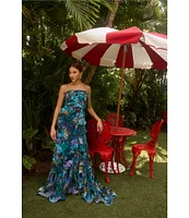 Xscape Petite Size Strapless Floral Print Ruffle Maxi Gown