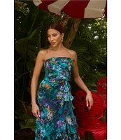 Xscape Petite Size Strapless Floral Print Ruffle Maxi Gown