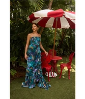 Xscape Petite Size Strapless Floral Print Ruffle Maxi Gown
