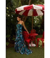 Xscape Petite Size Strapless Floral Print Ruffle Maxi Gown