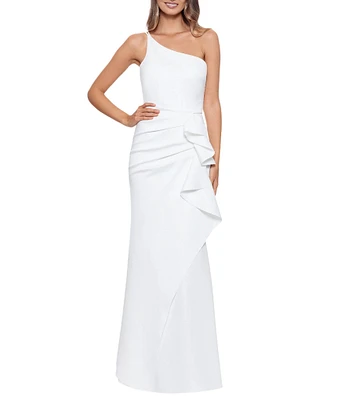 Xscape Petite Size Stretch Asymmetrical Neck Sleeveless Cascading Ruffle Gown