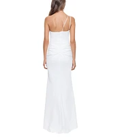 Xscape Petite Size Stretch Asymmetrical Neck Sleeveless Cascading Ruffle Gown
