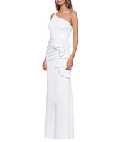 Xscape Petite Size Stretch Asymmetrical Neck Sleeveless Cascading Ruffle Gown