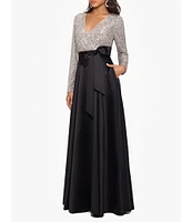 Xscape Petite Size Surplice V-Neck Sequined Long Sleeve Bow Detail Taffeta Ball Gown