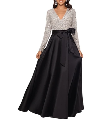 Xscape Petite Size Surplice V-Neck Sequined Long Sleeve Bow Detail Taffeta Ball Gown