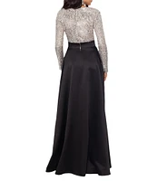 Xscape Petite Size Surplice V-Neck Sequined Long Sleeve Bow Detail Taffeta Ball Gown