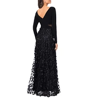 Xscape Petite Size V-Neck Long Sleeve 3D Petal Effect Gown