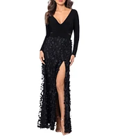 Xscape Petite Size V-Neck Long Sleeve 3D Petal Effect Gown