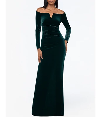 Xscape Petite Size Velvet Strapless Long Sleeves Ruched Gown