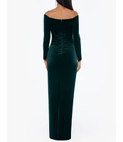 Xscape Petite Size Velvet Strapless Long Sleeves Ruched Gown