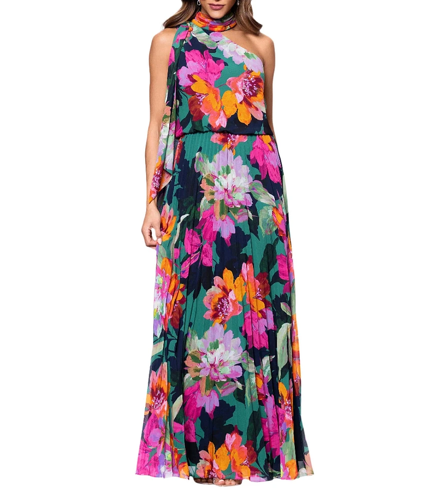 Xscape Pleated Chiffon Floral Print Halter Neck Scarf Sleeveless Blouson Maxi Dress