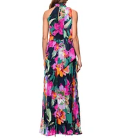 Xscape Pleated Chiffon Floral Print Halter Neck Scarf Sleeveless Blouson Maxi Dress